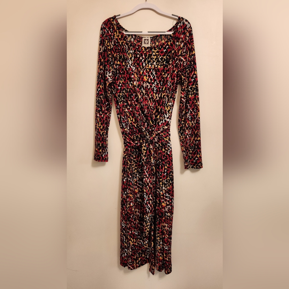 Anne Klein Red and Black Print Long Sleeve Dress